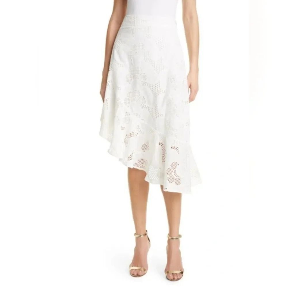 Milly Mae Pieres Asymmetrical Eyelet White Cotton Midi Skirt